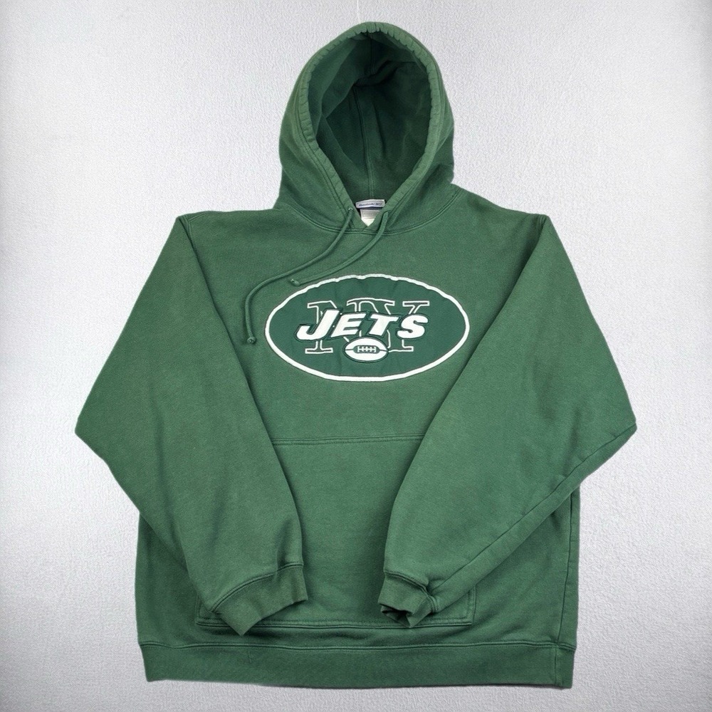 Vintage Reebok New York Jets Hoodie Mens Medium Fleece Pullover Green NFL Y2K